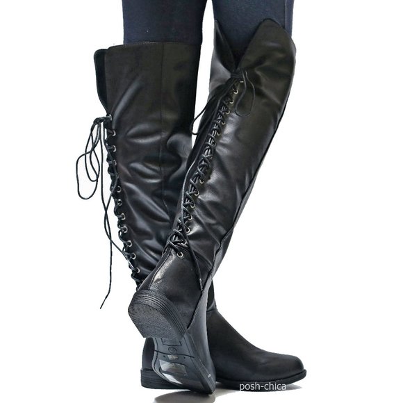 New Black Over the Knee Lace Up Tall Boots - Picture 1 of 3